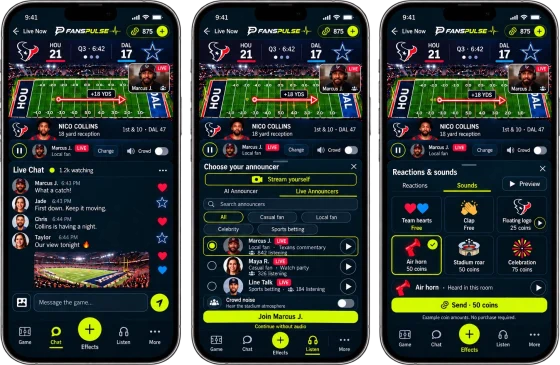 FansPulse app: live chat, choosing a live announcer, and reactions and sounds during a game