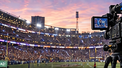 Broadcast camera filming a packed stadium at dusk